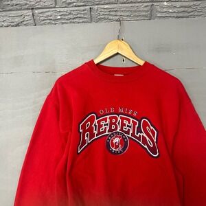 Vintage Jerzees Ole Miss Rebels Sweatshirt Red Crewneck Mens Medium NCAA Fleece